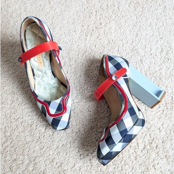 GIANNICO Blue/White Checked Cloth Heel Buckle Italy Shoes, size EU 39 - Picture 1 of 10